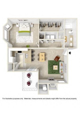 Floor plan for 1 bed, 1 bath, 827 sqft